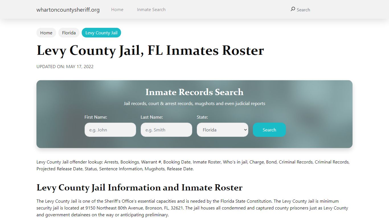 Levy County Jail, FL Jail Roster, Name Search